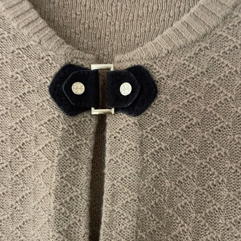 Tory Burch Camel/Tan Textured Crewneck Sweater with Decorative Buckle